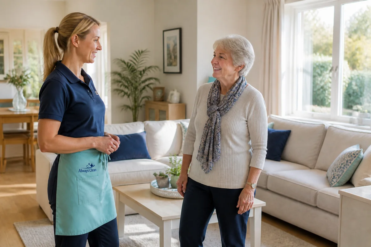Always Clean team member speaking with an older client in her freshly cleaned home
